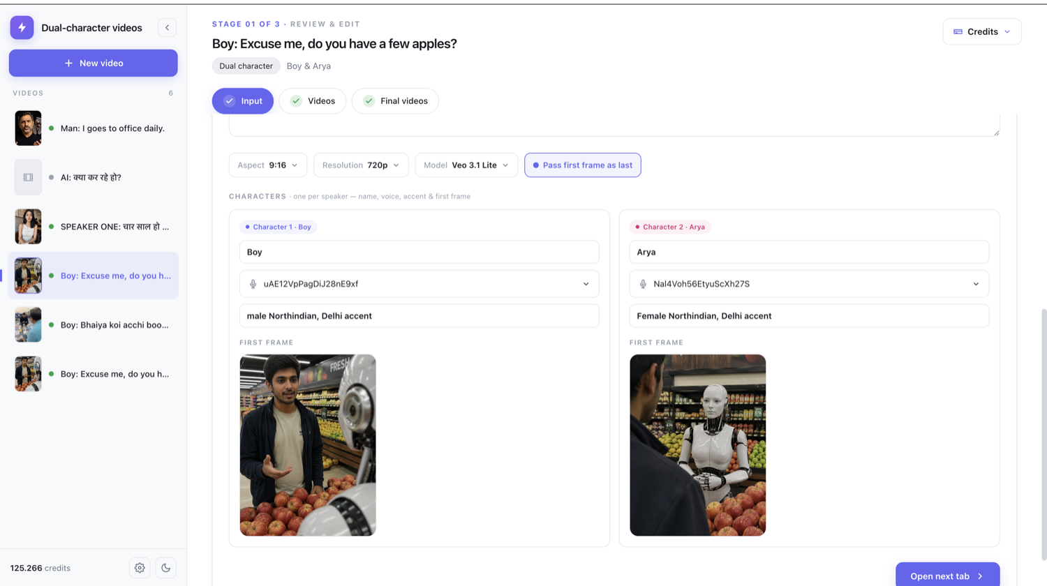 MySivi's dual-character app — a character, voice and first frame per speaker